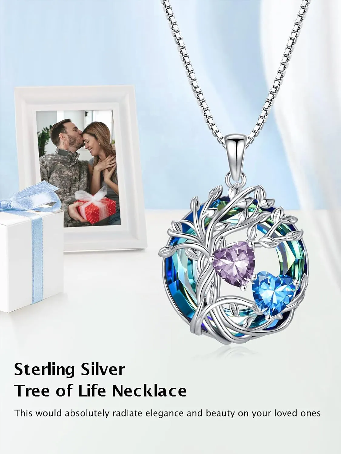 TOUPOP s925 Sterling Silver Family Celtic Tree of Life Pendant Necklaces with 2 Heart Birthstone with Blue Austrian Crystal Jewelry Birthday Anniversary Christmas Gifts for Her Wife Girlfriend Mom (18K Real White Gold Filled)