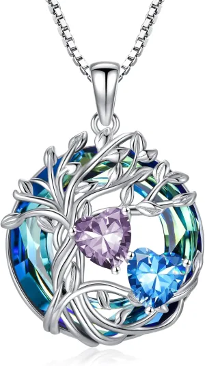 TOUPOP s925 Sterling Silver Family Celtic Tree of Life Pendant Necklaces with 2 Heart Birthstone with Blue Austrian Crystal Jewelry Birthday Anniversary Christmas Gifts for Her Wife Girlfriend Mom (18K Real White Gold Filled)