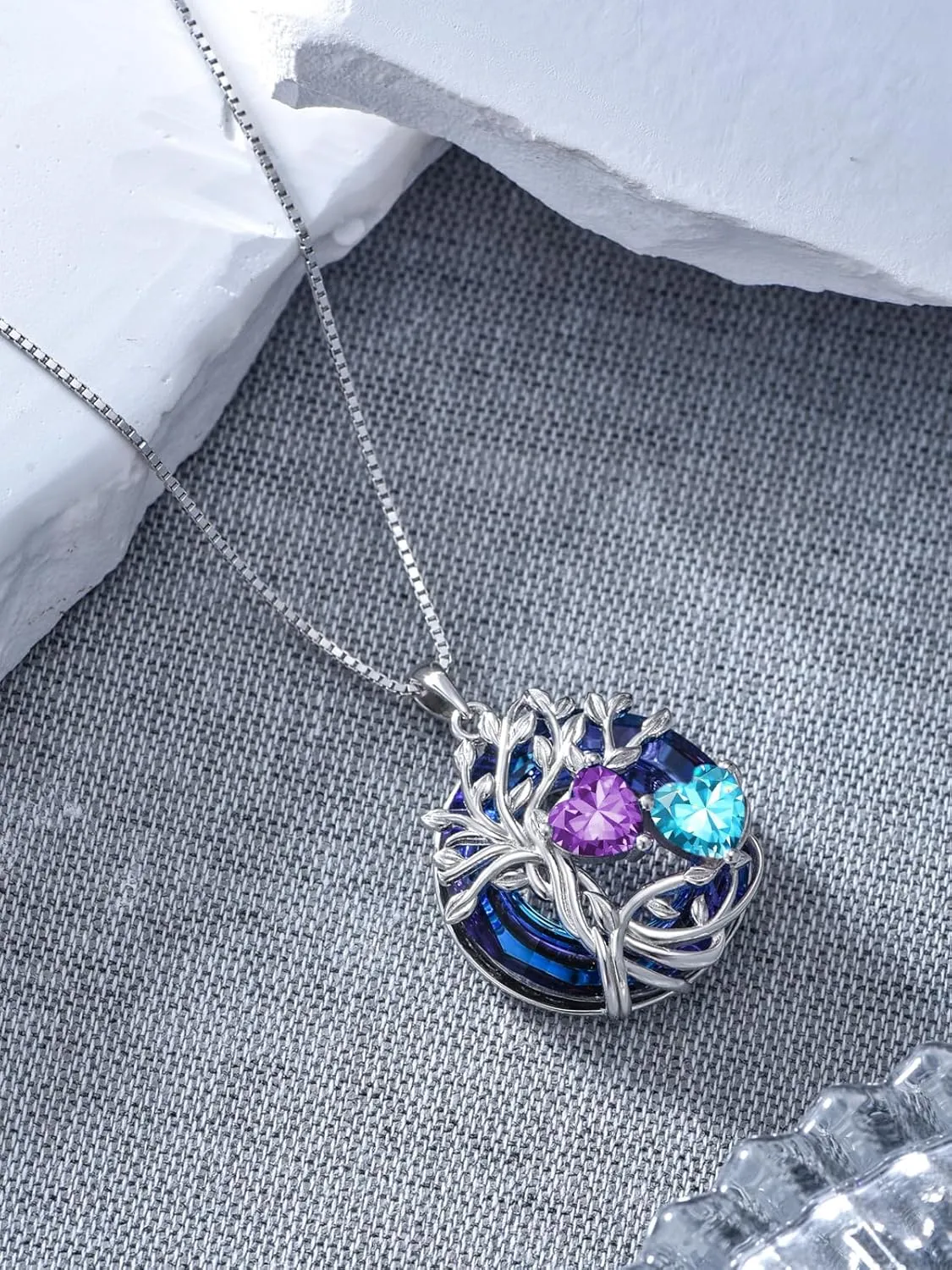 TOUPOP s925 Sterling Silver Family Celtic Tree of Life Pendant Necklaces with 2 Heart Birthstone with Blue Austrian Crystal Jewelry Birthday Anniversary Christmas Gifts for Her Wife Girlfriend Mom (18K Real White Gold Filled)