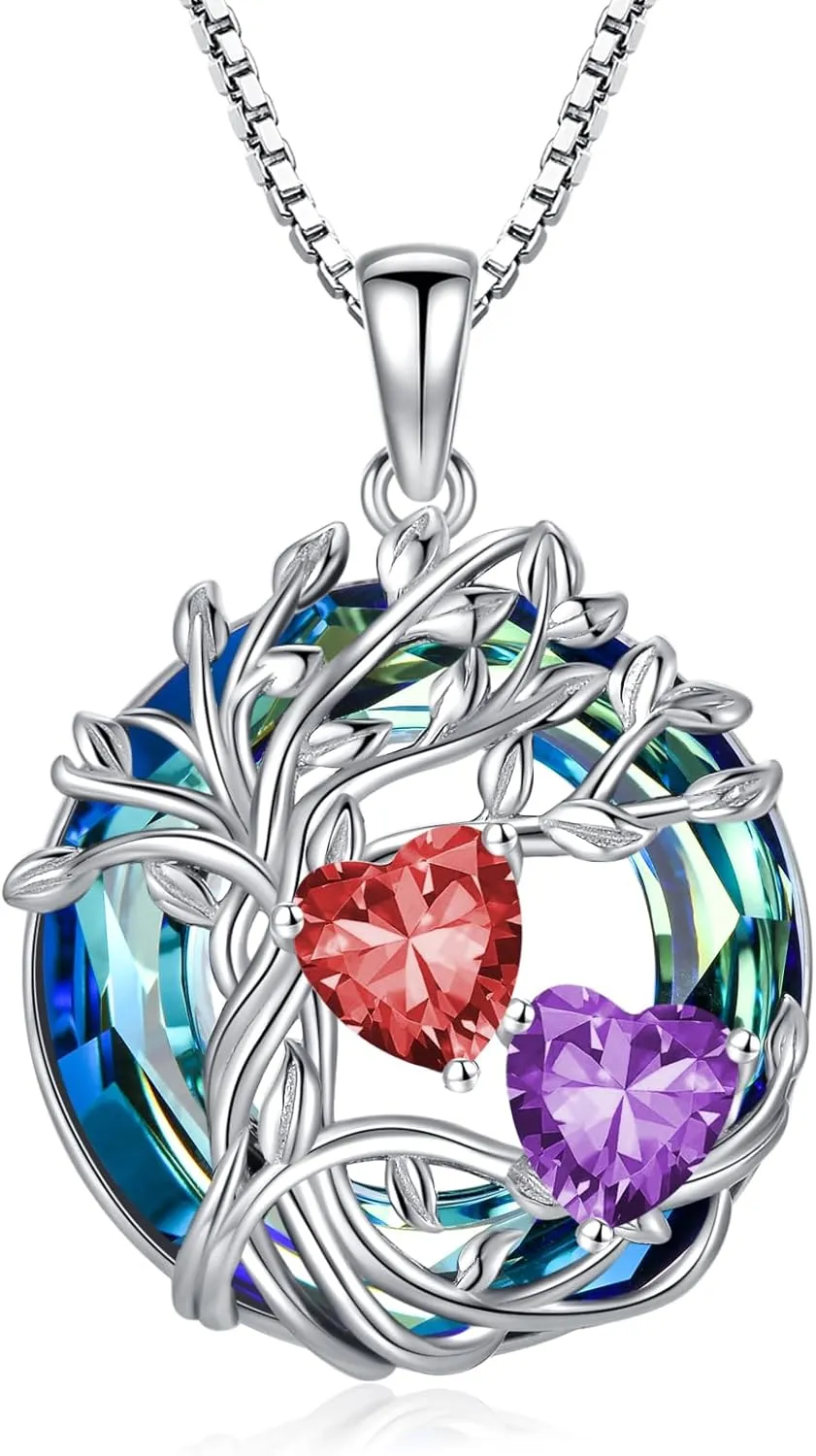TOUPOP s925 Sterling Silver Family Celtic Tree of Life Pendant Necklaces with 2 Heart Birthstone with Blue Austrian Crystal Jewelry Birthday Anniversary Christmas Gifts for Her Wife Girlfriend Mom (18K Real White Gold Filled)