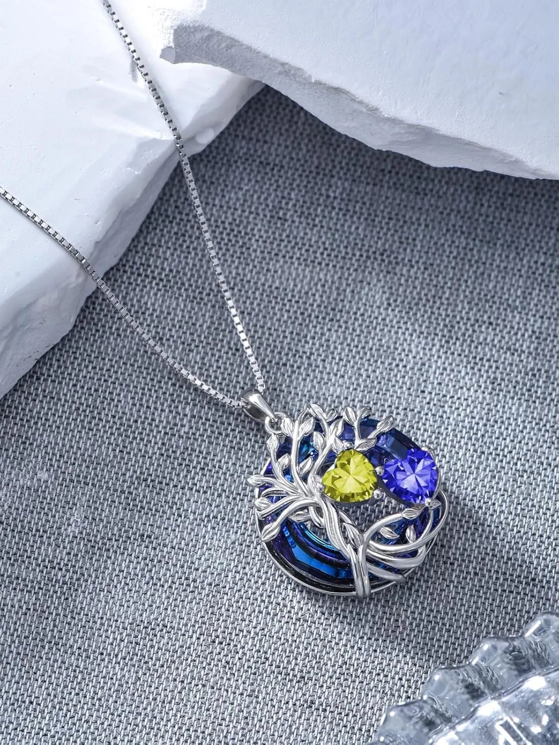 TOUPOP s925 Sterling Silver Family Celtic Tree of Life Pendant Necklaces with 2 Heart Birthstone with Blue Austrian Crystal Jewelry Birthday Anniversary Christmas Gifts for Her Wife Girlfriend Mom (18K Real White Gold Filled)