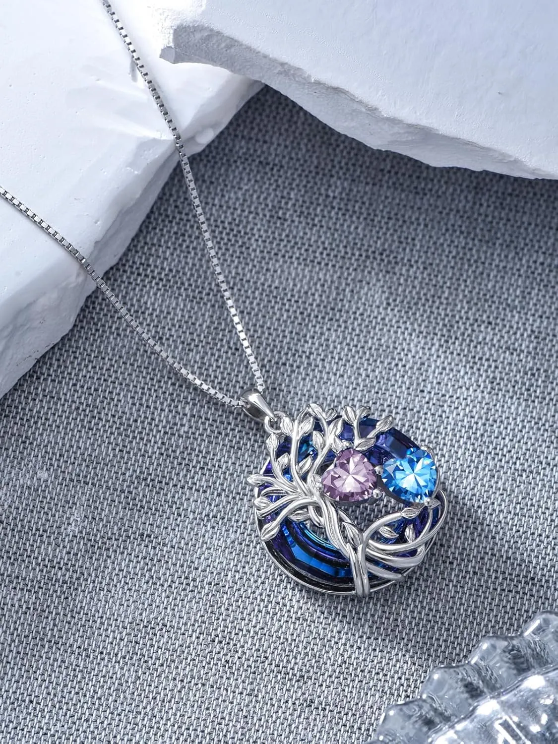 TOUPOP s925 Sterling Silver Family Celtic Tree of Life Pendant Necklaces with 2 Heart Birthstone with Blue Austrian Crystal Jewelry Birthday Anniversary Christmas Gifts for Her Wife Girlfriend Mom (18K Real White Gold Filled)