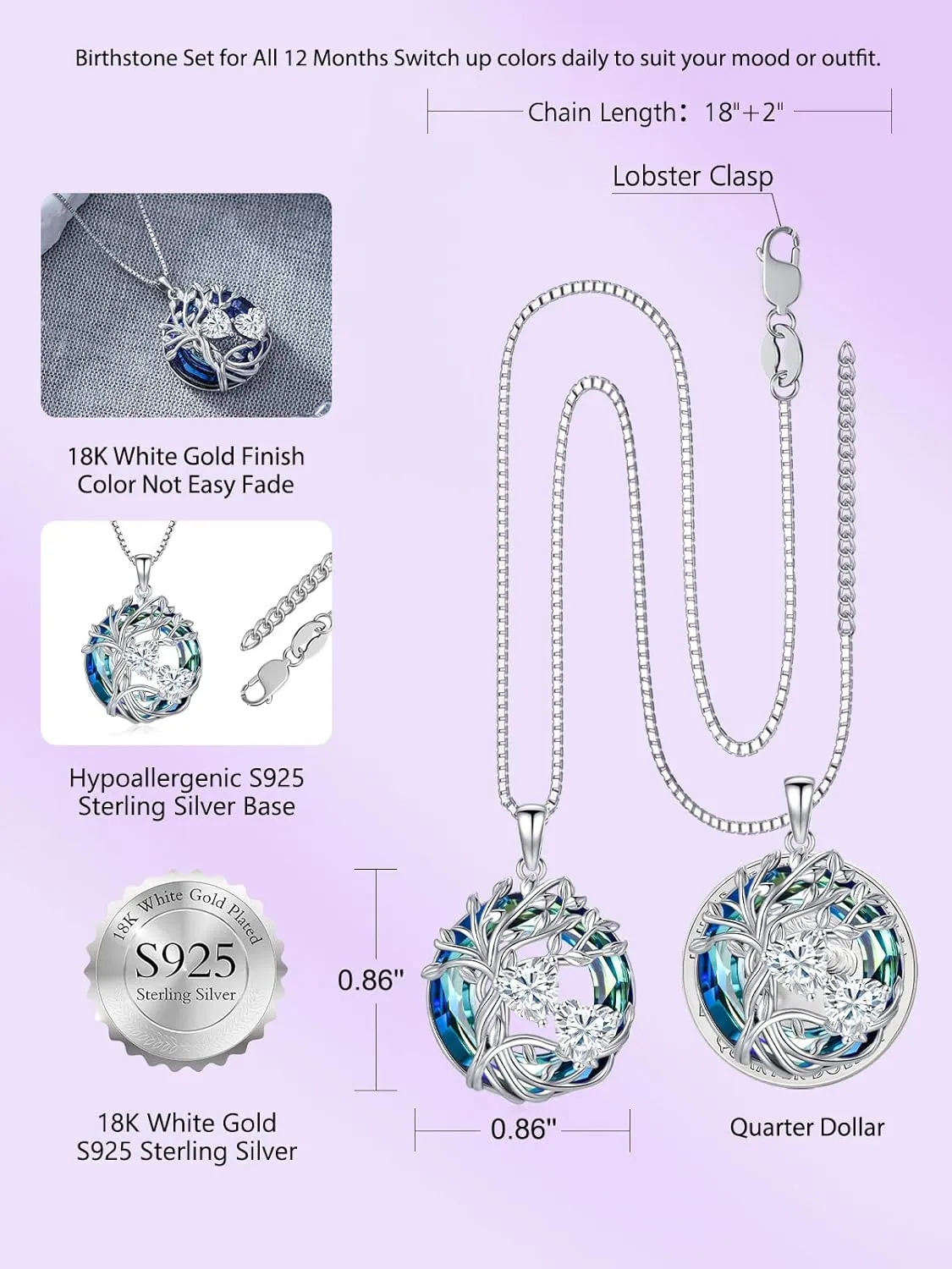 TOUPOP s925 Sterling Silver Family Celtic Tree of Life Pendant Necklaces with 2 Heart Birthstone with Blue Austrian Crystal Jewelry Birthday Anniversary Christmas Gifts for Her Wife Girlfriend Mom (18K Real White Gold Filled)