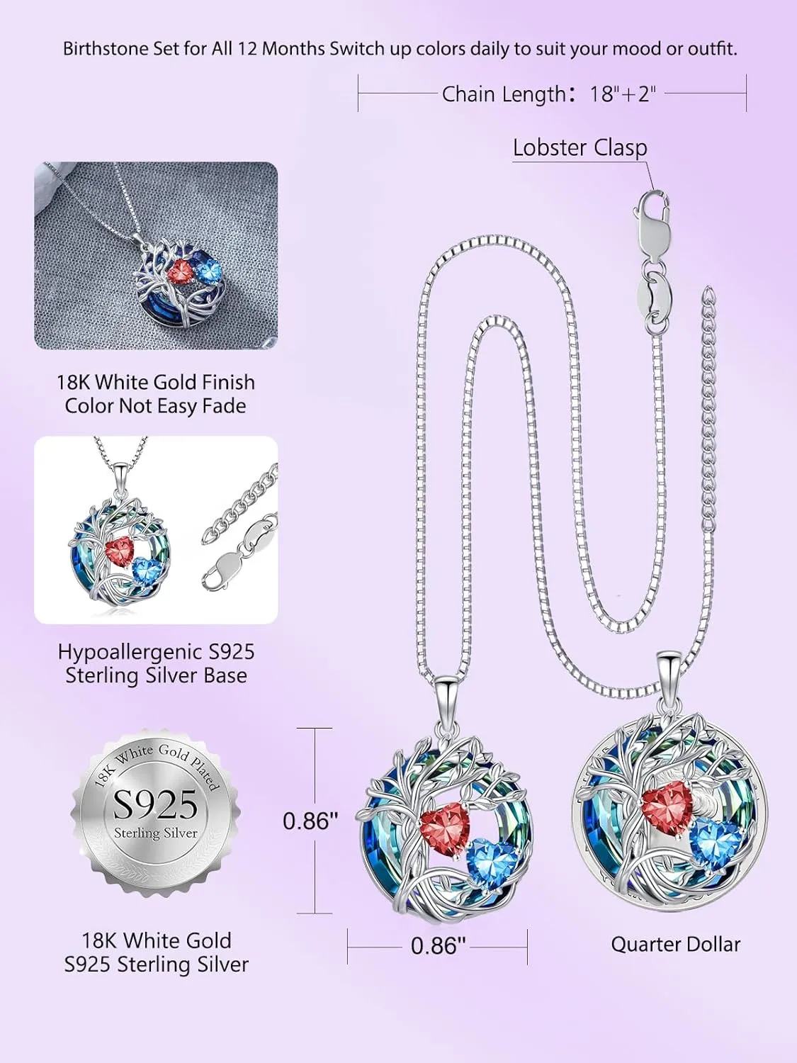 TOUPOP s925 Sterling Silver Family Celtic Tree of Life Pendant Necklaces with 2 Heart Birthstone with Blue Austrian Crystal Jewelry Birthday Anniversary Christmas Gifts for Her Wife Girlfriend Mom (18K Real White Gold Filled)