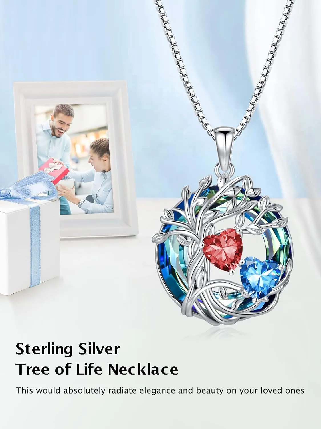 TOUPOP s925 Sterling Silver Family Celtic Tree of Life Pendant Necklaces with 2 Heart Birthstone with Blue Austrian Crystal Jewelry Birthday Anniversary Christmas Gifts for Her Wife Girlfriend Mom (18K Real White Gold Filled)