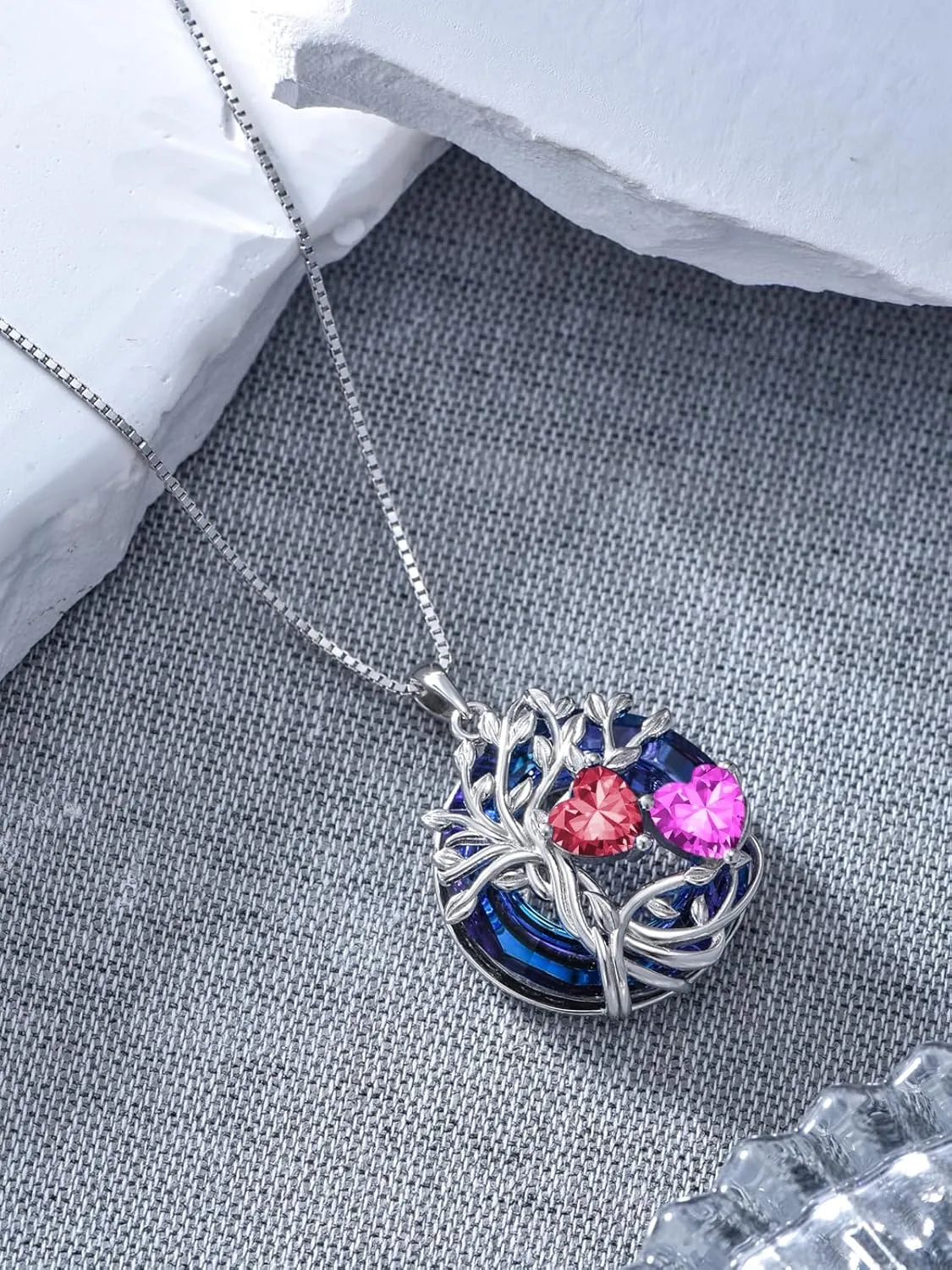 TOUPOP s925 Sterling Silver Family Celtic Tree of Life Pendant Necklaces with 2 Heart Birthstone with Blue Austrian Crystal Jewelry Birthday Anniversary Christmas Gifts for Her Wife Girlfriend Mom (18K Real White Gold Filled)