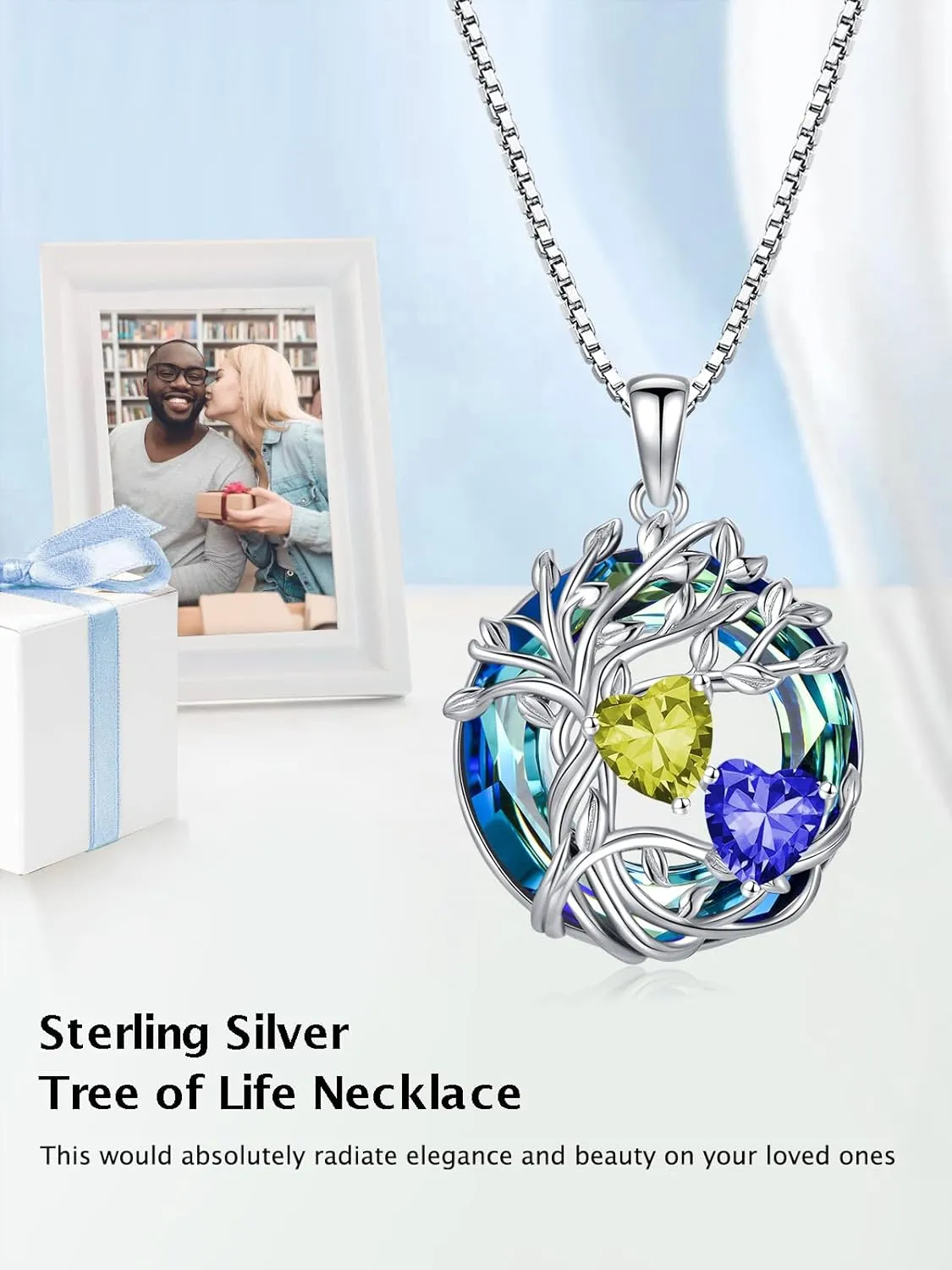 TOUPOP s925 Sterling Silver Family Celtic Tree of Life Pendant Necklaces with 2 Heart Birthstone with Blue Austrian Crystal Jewelry Birthday Anniversary Christmas Gifts for Her Wife Girlfriend Mom (18K Real White Gold Filled)