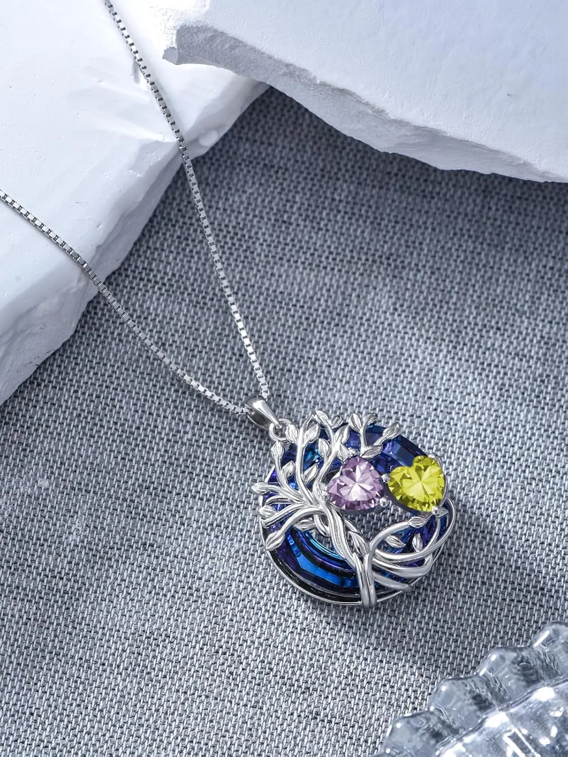 TOUPOP s925 Sterling Silver Family Celtic Tree of Life Pendant Necklaces with 2 Heart Birthstone with Blue Austrian Crystal Jewelry Birthday Anniversary Christmas Gifts for Her Wife Girlfriend Mom (18K Real White Gold Filled)