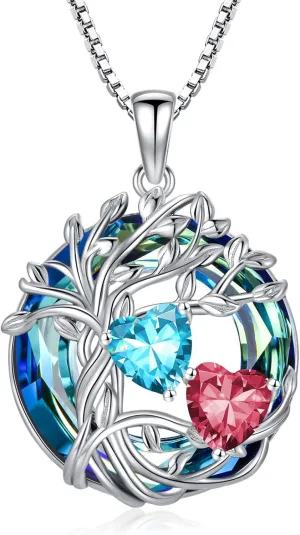 TOUPOP s925 Sterling Silver Family Celtic Tree of Life Pendant Necklaces with 2 Heart Birthstone with Blue Austrian Crystal Jewelry Birthday Anniversary Christmas Gifts for Her Wife Girlfriend Mom (18K Real White Gold Filled)