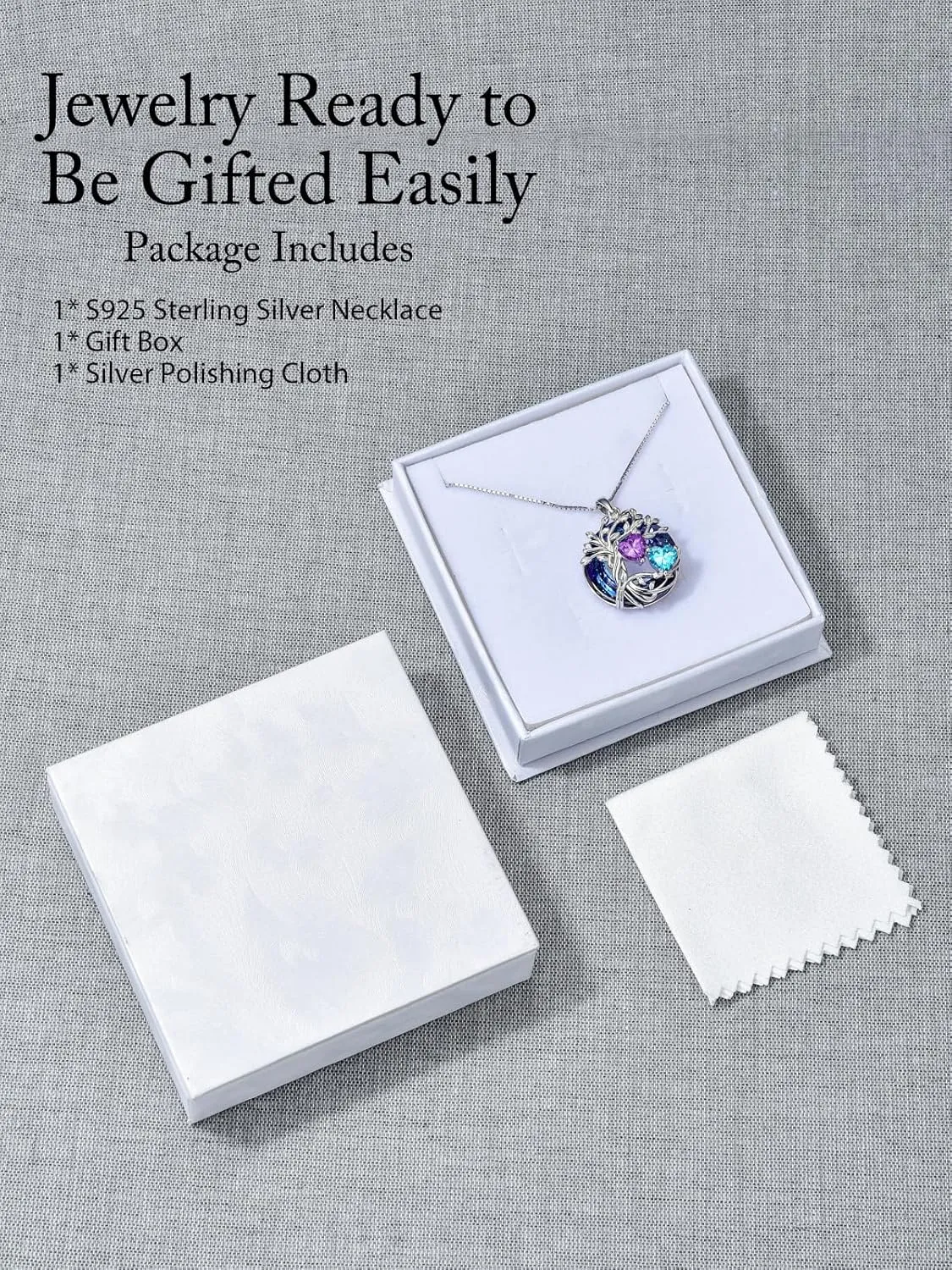 TOUPOP s925 Sterling Silver Family Celtic Tree of Life Pendant Necklaces with 2 Heart Birthstone with Blue Austrian Crystal Jewelry Birthday Anniversary Christmas Gifts for Her Wife Girlfriend Mom (18K Real White Gold Filled)