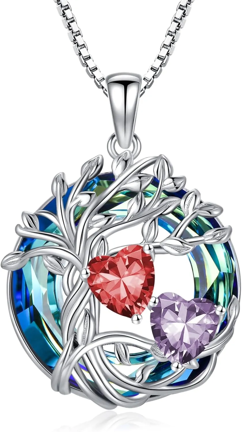 TOUPOP s925 Sterling Silver Family Celtic Tree of Life Pendant Necklaces with 2 Heart Birthstone with Blue Austrian Crystal Jewelry Birthday Anniversary Christmas Gifts for Her Wife Girlfriend Mom (18K Real White Gold Filled)