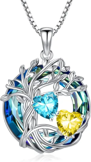 TOUPOP s925 Sterling Silver Family Celtic Tree of Life Pendant Necklaces with 2 Heart Birthstone with Blue Austrian Crystal Jewelry Birthday Anniversary Christmas Gifts for Her Wife Girlfriend Mom (18K Real White Gold Filled)