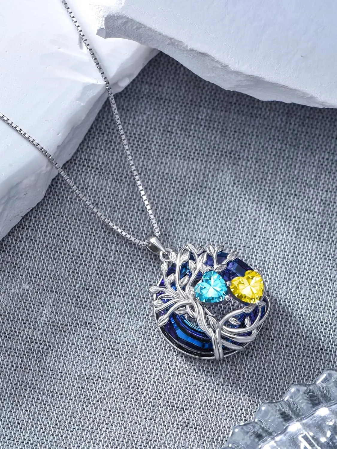 TOUPOP s925 Sterling Silver Family Celtic Tree of Life Pendant Necklaces with 2 Heart Birthstone with Blue Austrian Crystal Jewelry Birthday Anniversary Christmas Gifts for Her Wife Girlfriend Mom (18K Real White Gold Filled)
