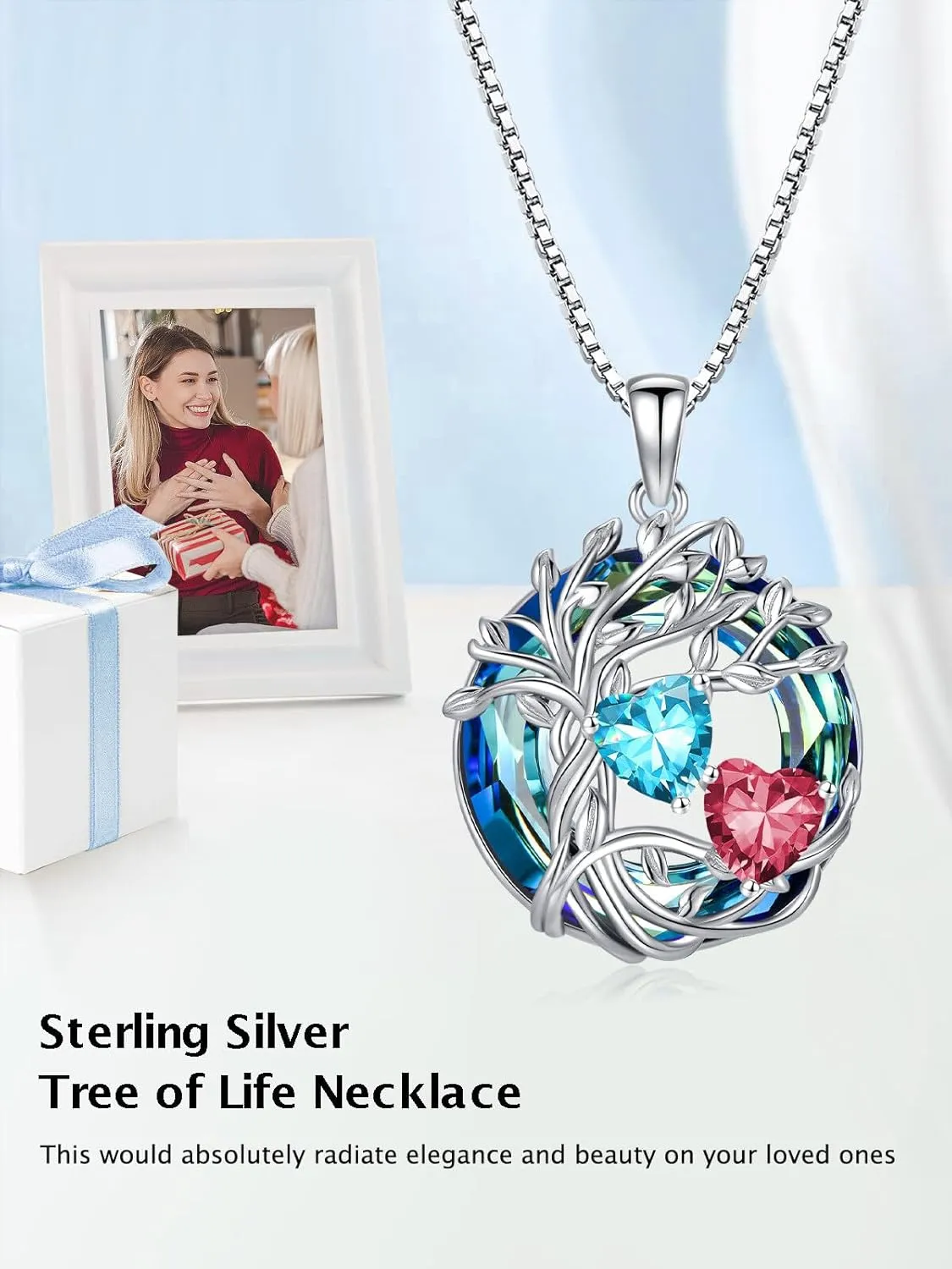 TOUPOP s925 Sterling Silver Family Celtic Tree of Life Pendant Necklaces with 2 Heart Birthstone with Blue Austrian Crystal Jewelry Birthday Anniversary Christmas Gifts for Her Wife Girlfriend Mom (18K Real White Gold Filled)