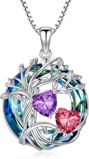 TOUPOP s925 Sterling Silver Family Celtic Tree of Life Pendant Necklaces with 2 Heart Birthstone with Blue Austrian Crystal Jewelry Birthday Anniversary Christmas Gifts for Her Wife Girlfriend Mom (18K Real White Gold Filled)
