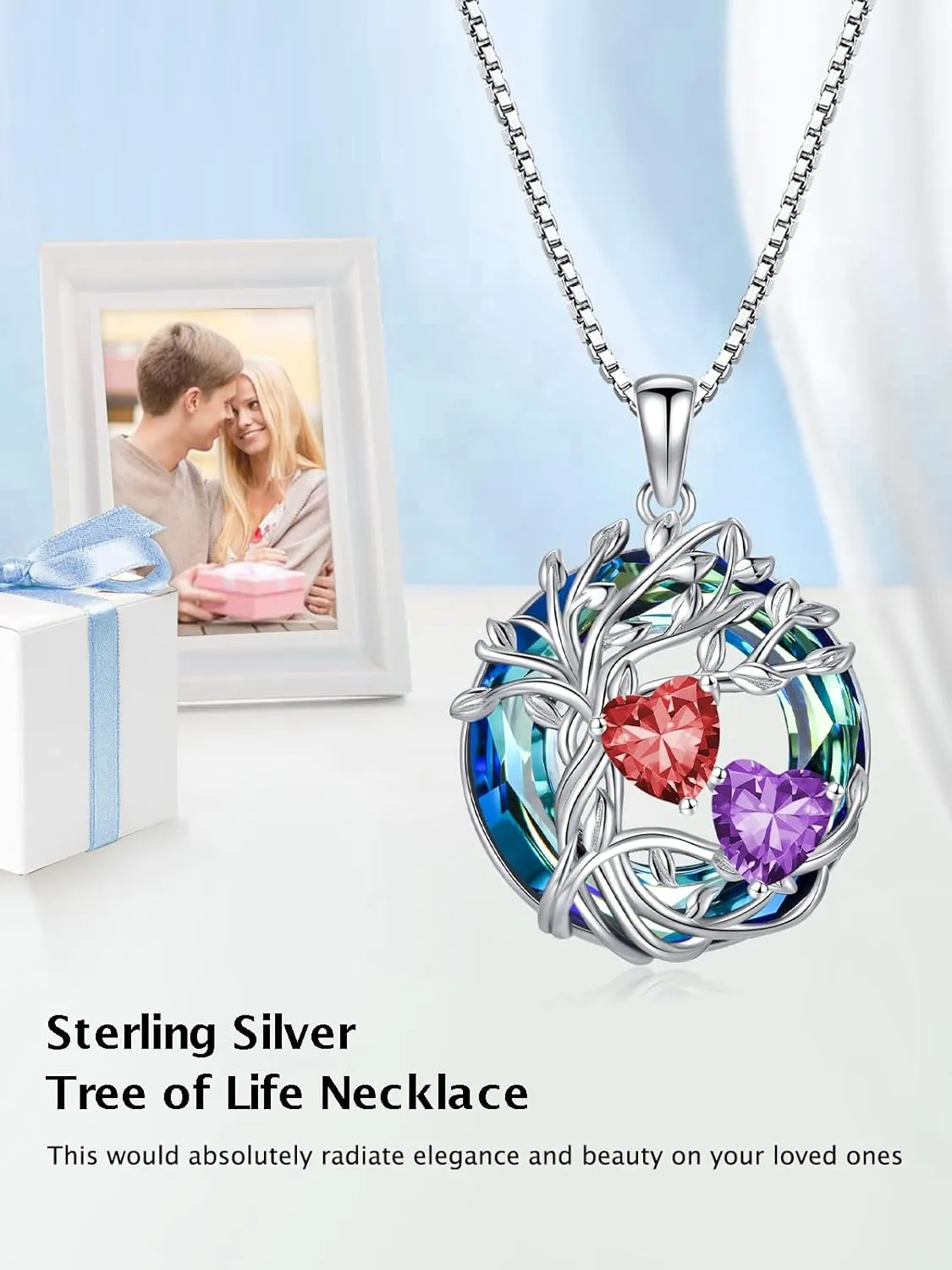 TOUPOP s925 Sterling Silver Family Celtic Tree of Life Pendant Necklaces with 2 Heart Birthstone with Blue Austrian Crystal Jewelry Birthday Anniversary Christmas Gifts for Her Wife Girlfriend Mom (18K Real White Gold Filled)
