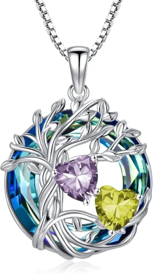 TOUPOP s925 Sterling Silver Family Celtic Tree of Life Pendant Necklaces with 2 Heart Birthstone with Blue Austrian Crystal Jewelry Birthday Anniversary Christmas Gifts for Her Wife Girlfriend Mom (18K Real White Gold Filled)