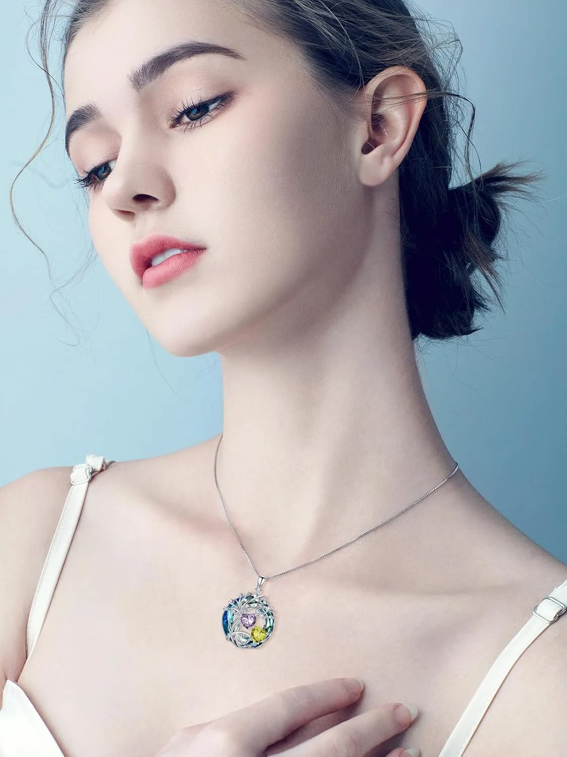TOUPOP s925 Sterling Silver Family Celtic Tree of Life Pendant Necklaces with 2 Heart Birthstone with Blue Austrian Crystal Jewelry Birthday Anniversary Christmas Gifts for Her Wife Girlfriend Mom (18K Real White Gold Filled)