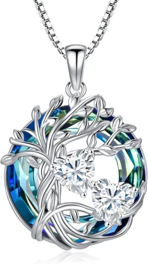 TOUPOP s925 Sterling Silver Family Celtic Tree of Life Pendant Necklaces with 2 Heart Birthstone with Blue Austrian Crystal Jewelry Birthday Anniversary Christmas Gifts for Her Wife Girlfriend Mom (18K Real White Gold Filled)