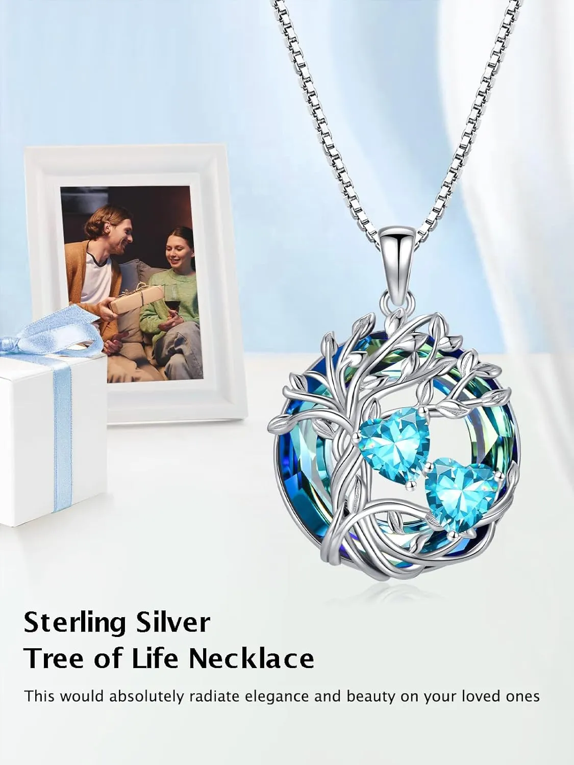 TOUPOP s925 Sterling Silver Family Celtic Tree of Life Pendant Necklaces with 2 Heart Birthstone with Blue Austrian Crystal Jewelry Birthday Anniversary Christmas Gifts for Her Wife Girlfriend Mom (18K Real White Gold Filled)