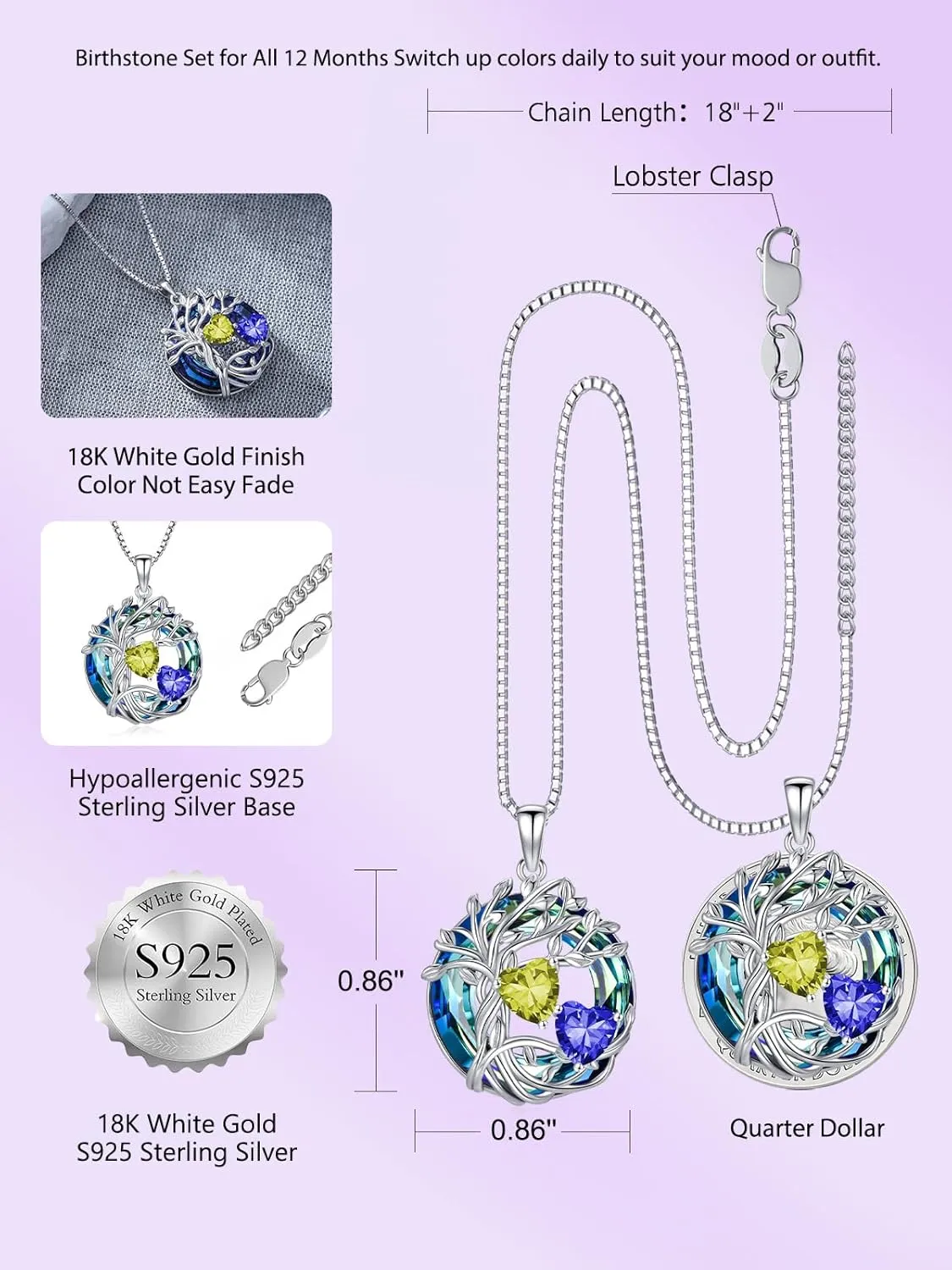 TOUPOP s925 Sterling Silver Family Celtic Tree of Life Pendant Necklaces with 2 Heart Birthstone with Blue Austrian Crystal Jewelry Birthday Anniversary Christmas Gifts for Her Wife Girlfriend Mom (18K Real White Gold Filled)