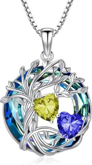 TOUPOP s925 Sterling Silver Family Celtic Tree of Life Pendant Necklaces with 2 Heart Birthstone with Blue Austrian Crystal Jewelry Birthday Anniversary Christmas Gifts for Her Wife Girlfriend Mom (18K Real White Gold Filled)