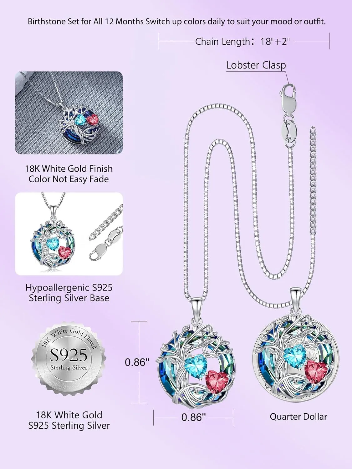 TOUPOP s925 Sterling Silver Family Celtic Tree of Life Pendant Necklaces with 2 Heart Birthstone with Blue Austrian Crystal Jewelry Birthday Anniversary Christmas Gifts for Her Wife Girlfriend Mom (18K Real White Gold Filled)