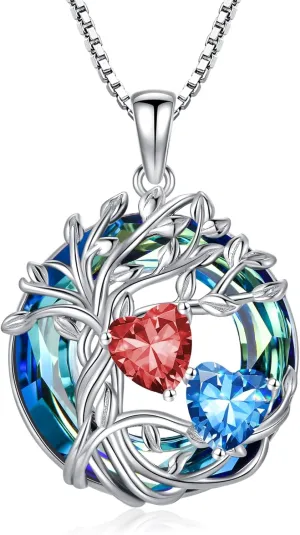 TOUPOP s925 Sterling Silver Family Celtic Tree of Life Pendant Necklaces with 2 Heart Birthstone with Blue Austrian Crystal Jewelry Birthday Anniversary Christmas Gifts for Her Wife Girlfriend Mom (18K Real White Gold Filled)