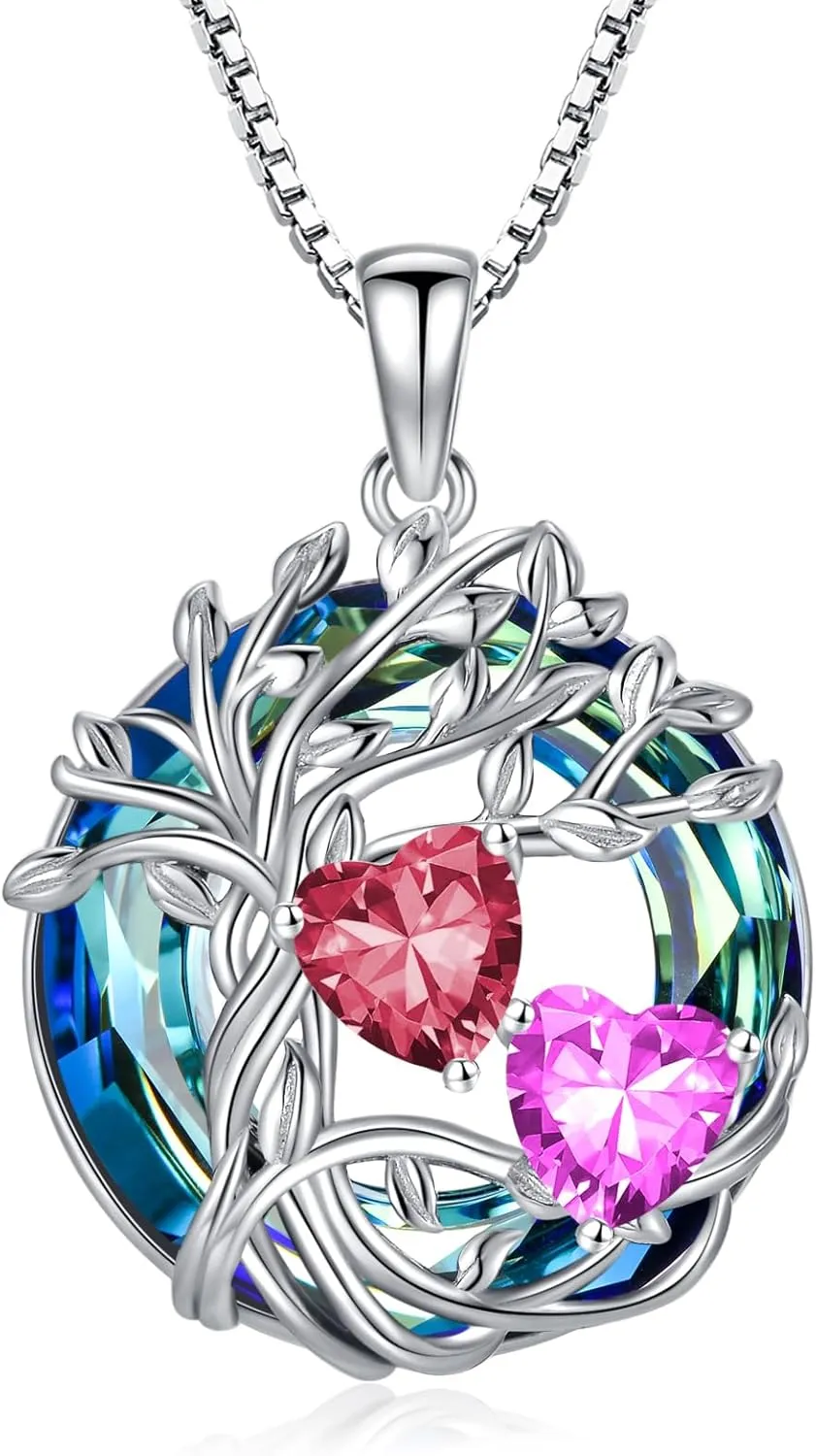 TOUPOP s925 Sterling Silver Family Celtic Tree of Life Pendant Necklaces with 2 Heart Birthstone with Blue Austrian Crystal Jewelry Birthday Anniversary Christmas Gifts for Her Wife Girlfriend Mom (18K Real White Gold Filled)