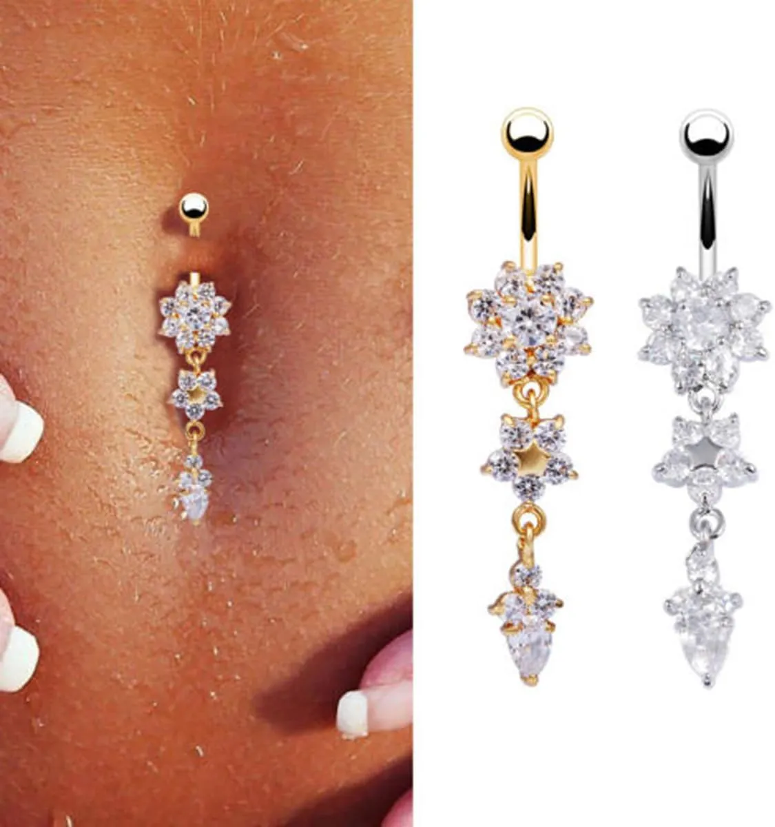 TOWN Rhinestone Crystal Flower Hanging Piercing Jewelry - Dangle Belly Ring (16l Stainless Steel)