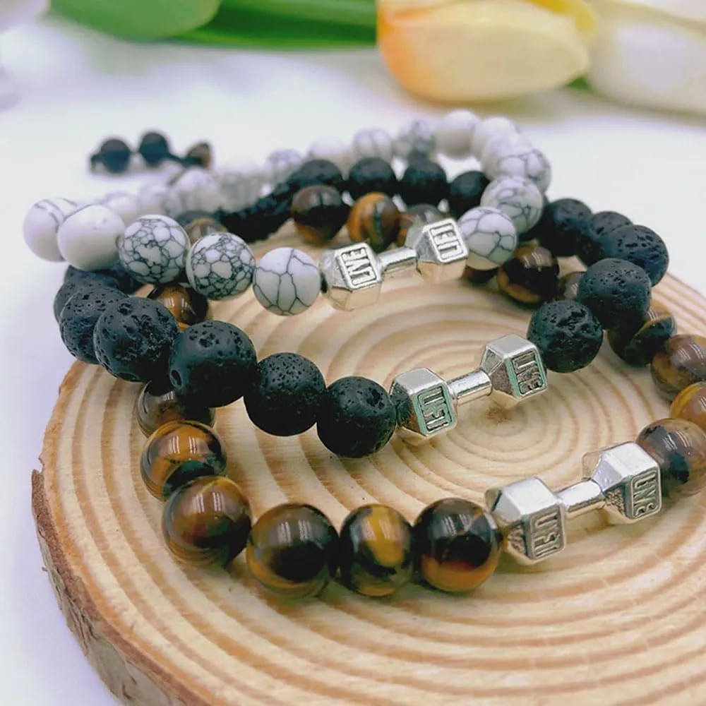 Traintough Dumbbell Bracelet for Men Cool Volcanic Rock Anxiety Bead Bracelet Adjustable Fitness Yoga Barbell Bracelet Jewelry Gifts for Men Women