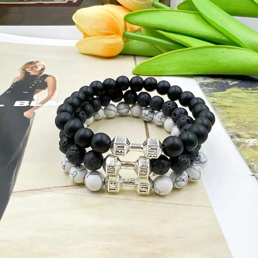 Traintough Dumbbell Bracelet for Men Cool Volcanic Rock Anxiety Bead Bracelet Adjustable Fitness Yoga Barbell Bracelet Jewelry Gifts for Men Women