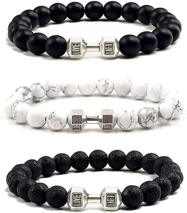 Traintough Dumbbell Bracelet for Men Cool Volcanic Rock Anxiety Bead Bracelet Adjustable Fitness Yoga Barbell Bracelet Jewelry Gifts for Men Women