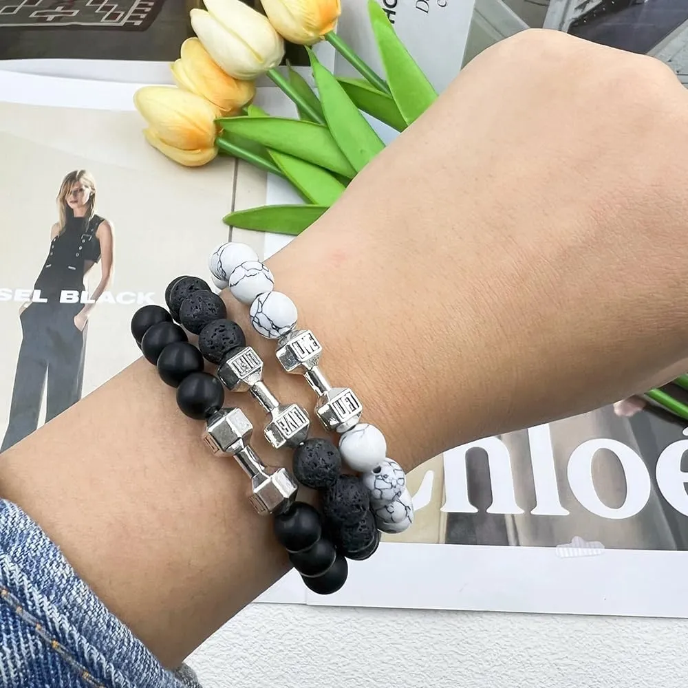 Traintough Dumbbell Bracelet for Men Cool Volcanic Rock Anxiety Bead Bracelet Adjustable Fitness Yoga Barbell Bracelet Jewelry Gifts for Men Women