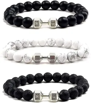 Traintough Dumbbell Bracelet for Men Cool Volcanic Rock Anxiety Bead Bracelet Adjustable Fitness Yoga Barbell Bracelet Jewelry Gifts for Men Women