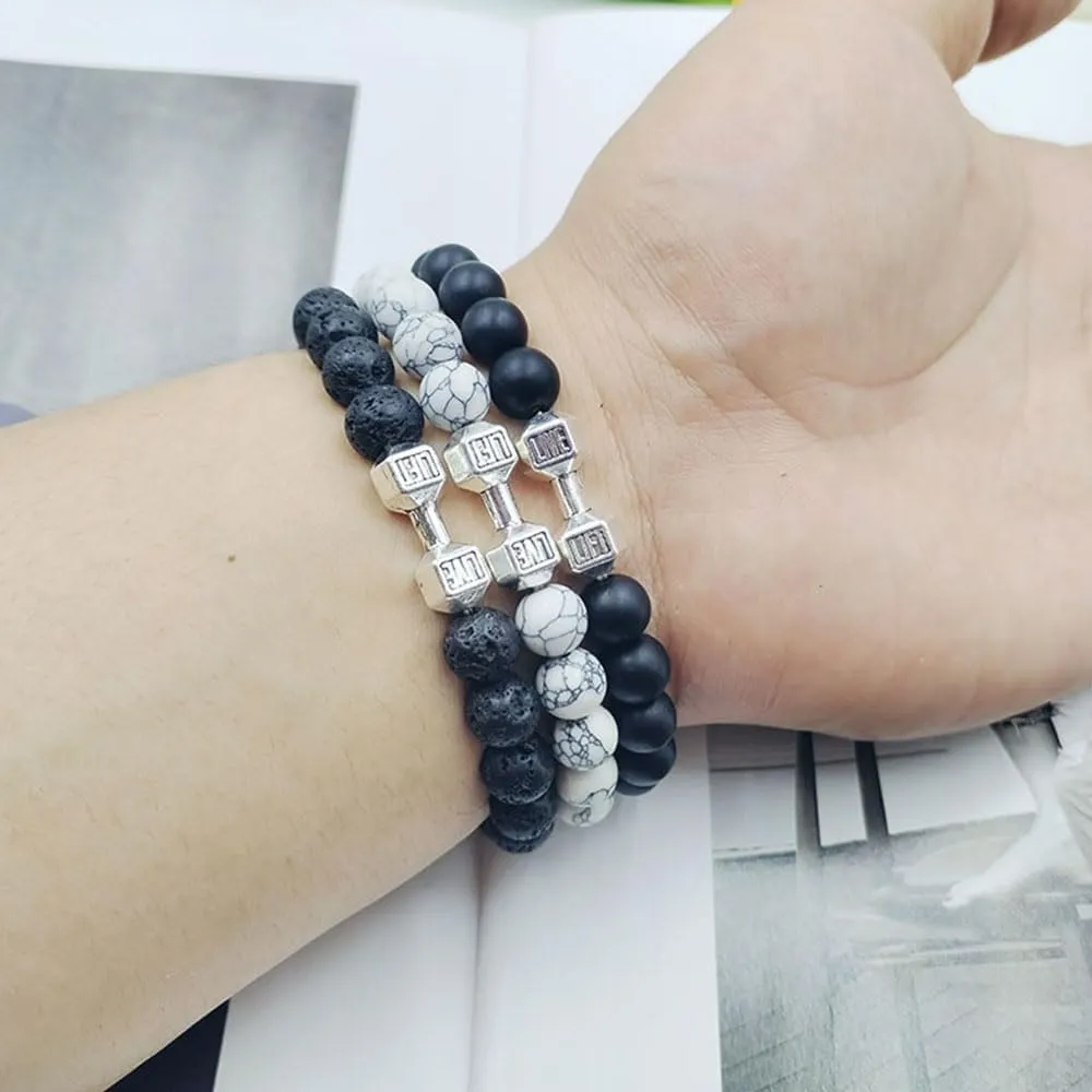 Traintough Dumbbell Bracelet for Men Cool Volcanic Rock Anxiety Bead Bracelet Adjustable Fitness Yoga Barbell Bracelet Jewelry Gifts for Men Women