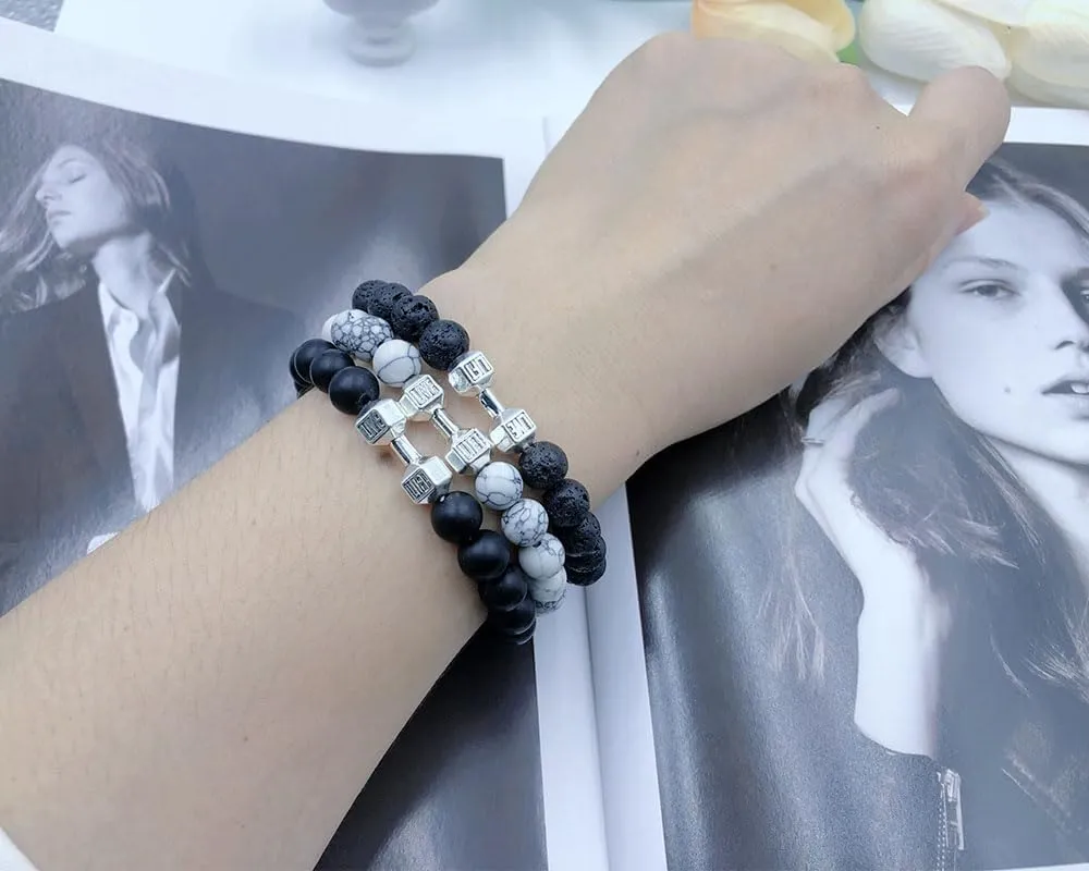 Traintough Dumbbell Bracelet for Men Cool Volcanic Rock Anxiety Bead Bracelet Adjustable Fitness Yoga Barbell Bracelet Jewelry Gifts for Men Women