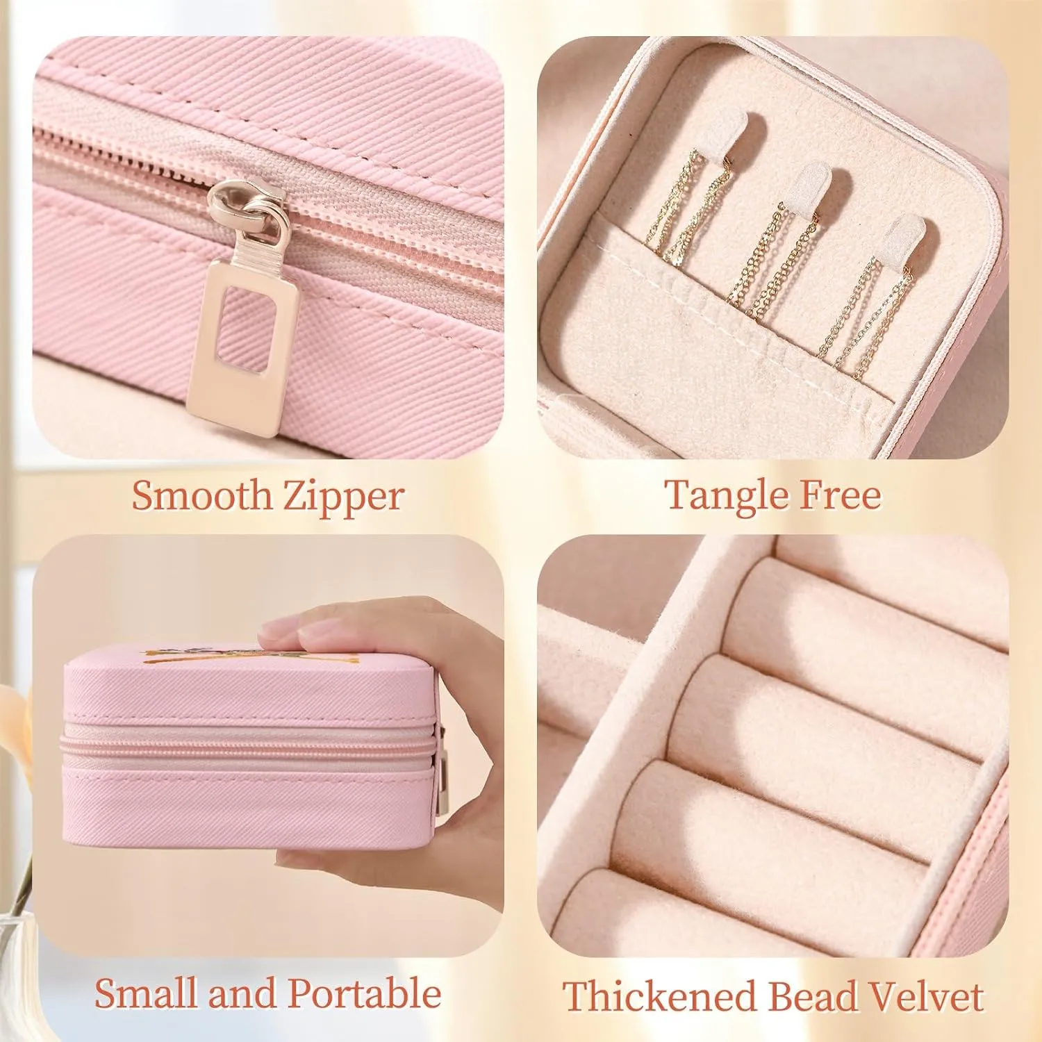 Travel Jewelry Case - Small Jewelry Box for Women Girls Gift Organizer Leather Jewelry Holder Boxes with Mirror, Pink, Initial K