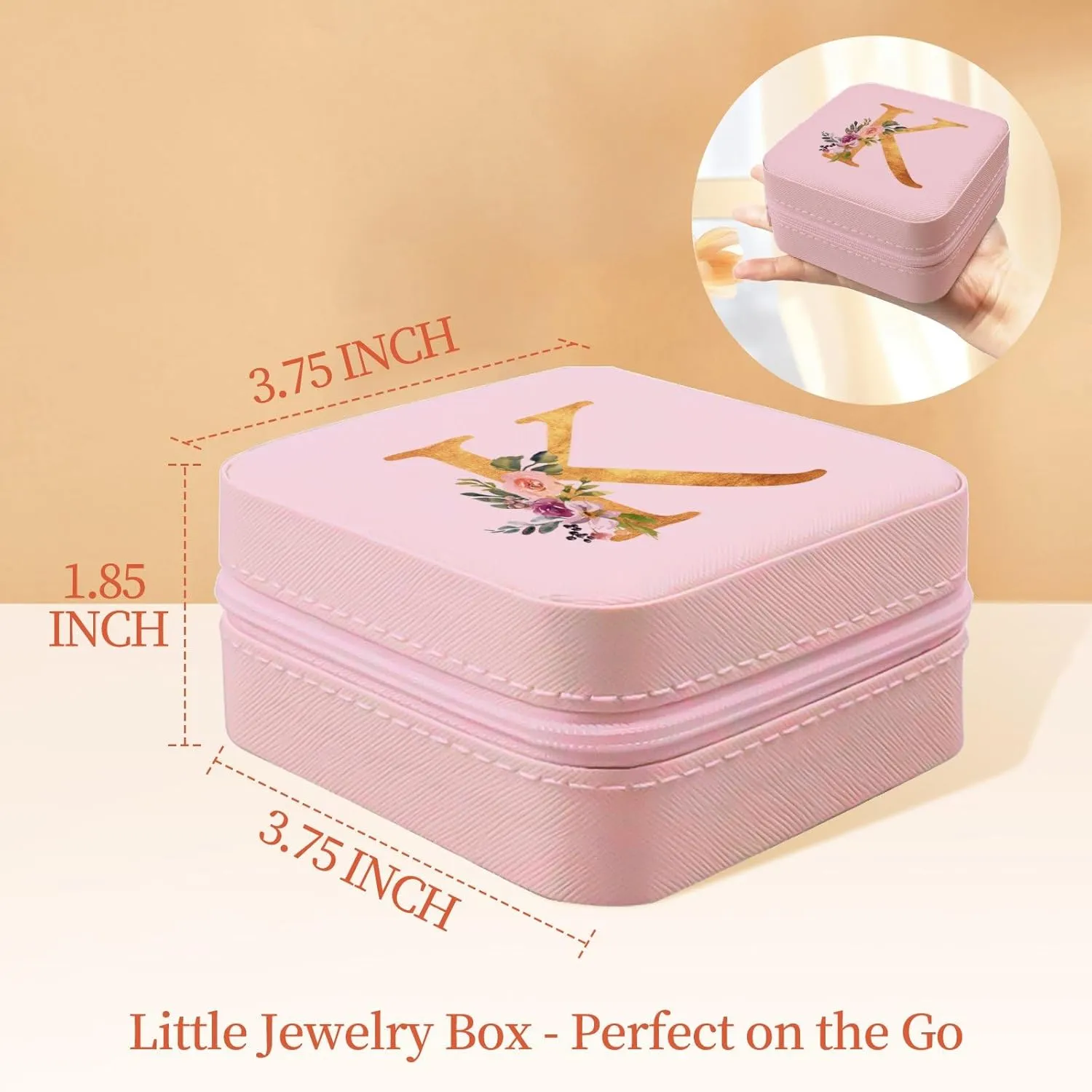 Travel Jewelry Case - Small Jewelry Box for Women Girls Gift Organizer Leather Jewelry Holder Boxes with Mirror, Pink, Initial K