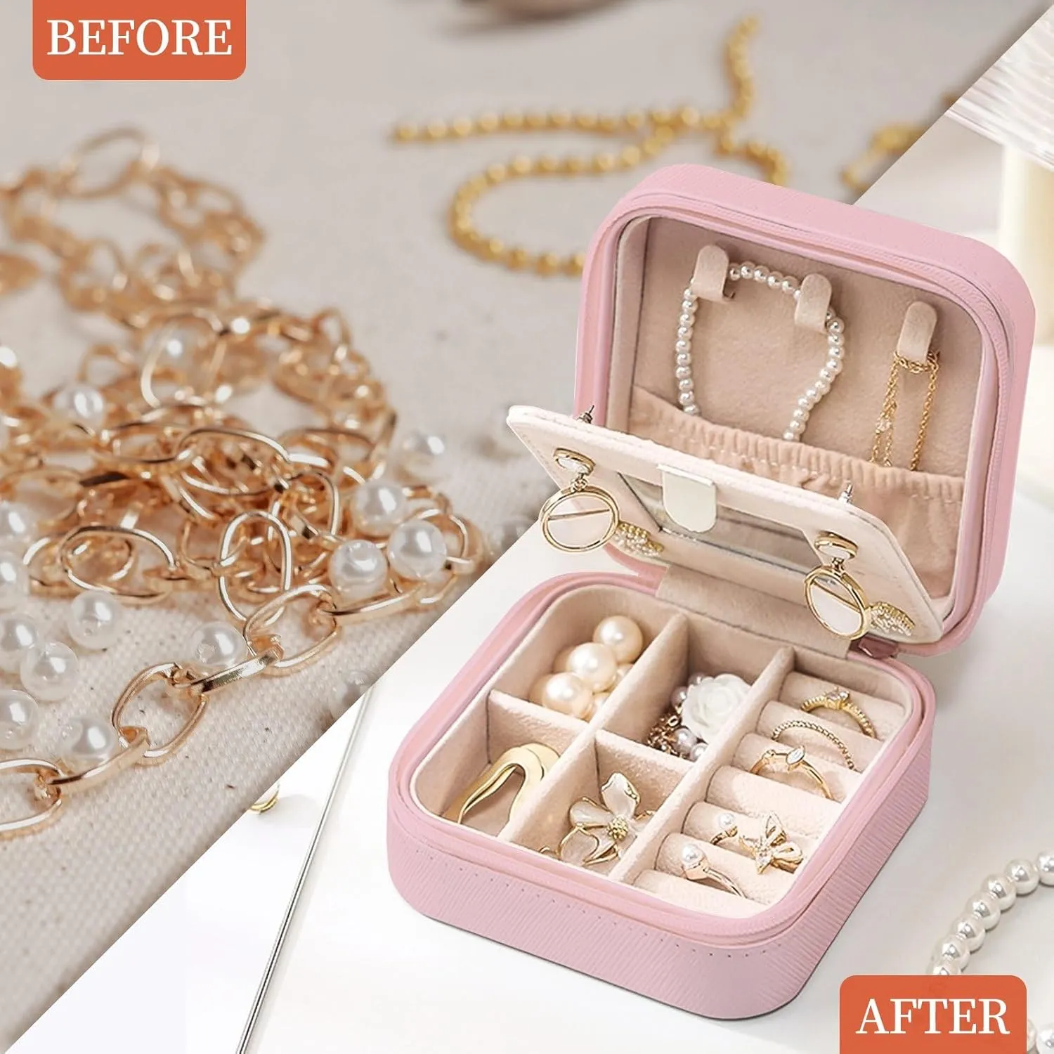 Travel Jewelry Case - Small Jewelry Box for Women Girls Gift Organizer Leather Jewelry Holder Boxes with Mirror, Pink, Initial K