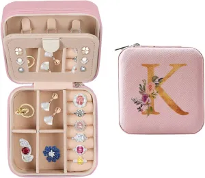 Travel Jewelry Case - Small Jewelry Box for Women Girls Gift Organizer Leather Jewelry Holder Boxes with Mirror, Pink, Initial K