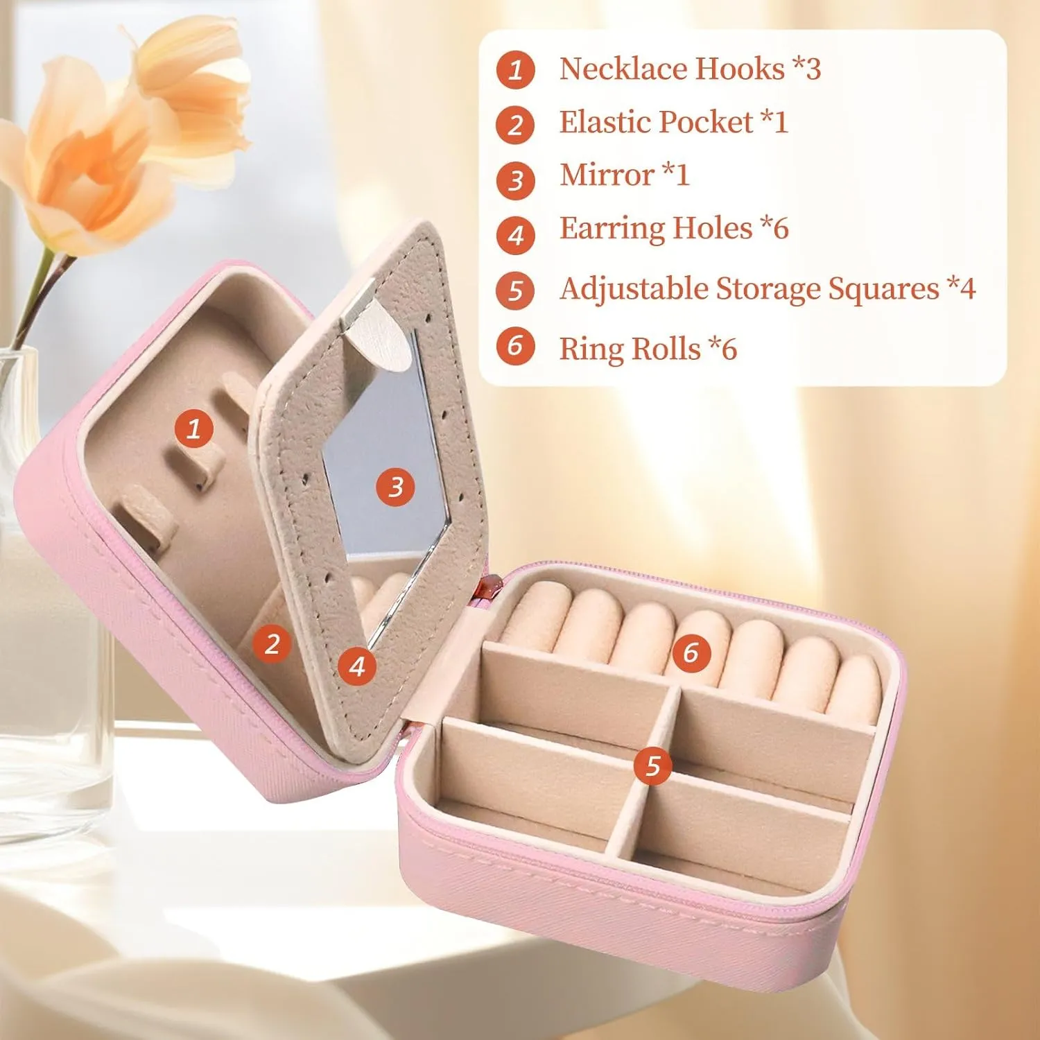 Travel Jewelry Case - Small Jewelry Box for Women Girls Gift Organizer Leather Jewelry Holder Boxes with Mirror, Pink, Initial K