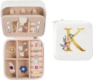 Travel Jewelry Case - Small Jewelry Box for Women Girls Gift Organizer Leather Jewelry Holder Boxes with Mirror, White, Initial K