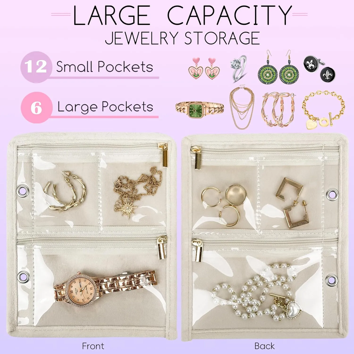 Travel Jewelry Organizer Case, Jewelry Bags Jewelry Storage Book Binder with Clear Zipper Velvet Pouch for Traveling,Earrings, Rings, Necklace, Bracelet (Inner Pages,Beige,3 PCS)