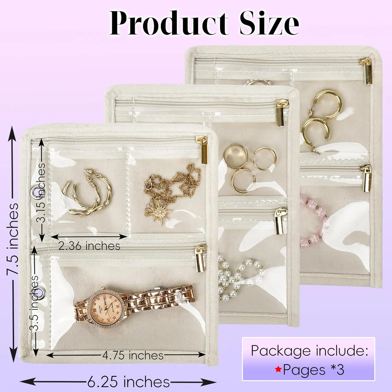 Travel Jewelry Organizer Case, Jewelry Bags Jewelry Storage Book Binder with Clear Zipper Velvet Pouch for Traveling,Earrings, Rings, Necklace, Bracelet (Inner Pages,Beige,3 PCS)