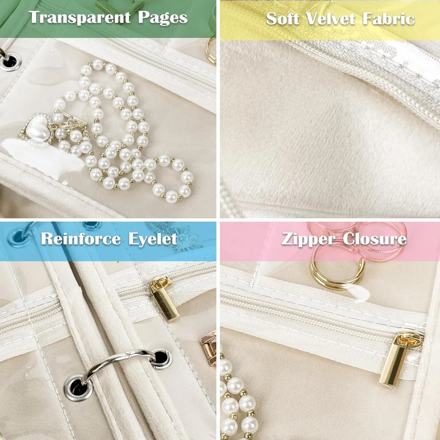 Travel Jewelry Organizer Case,Jewelry Bags Jewelry Storage Book Binder with Clear Zipper Velvet Pouch for Traveling,Earrings, Rings, Necklace, Bracelet (White)
