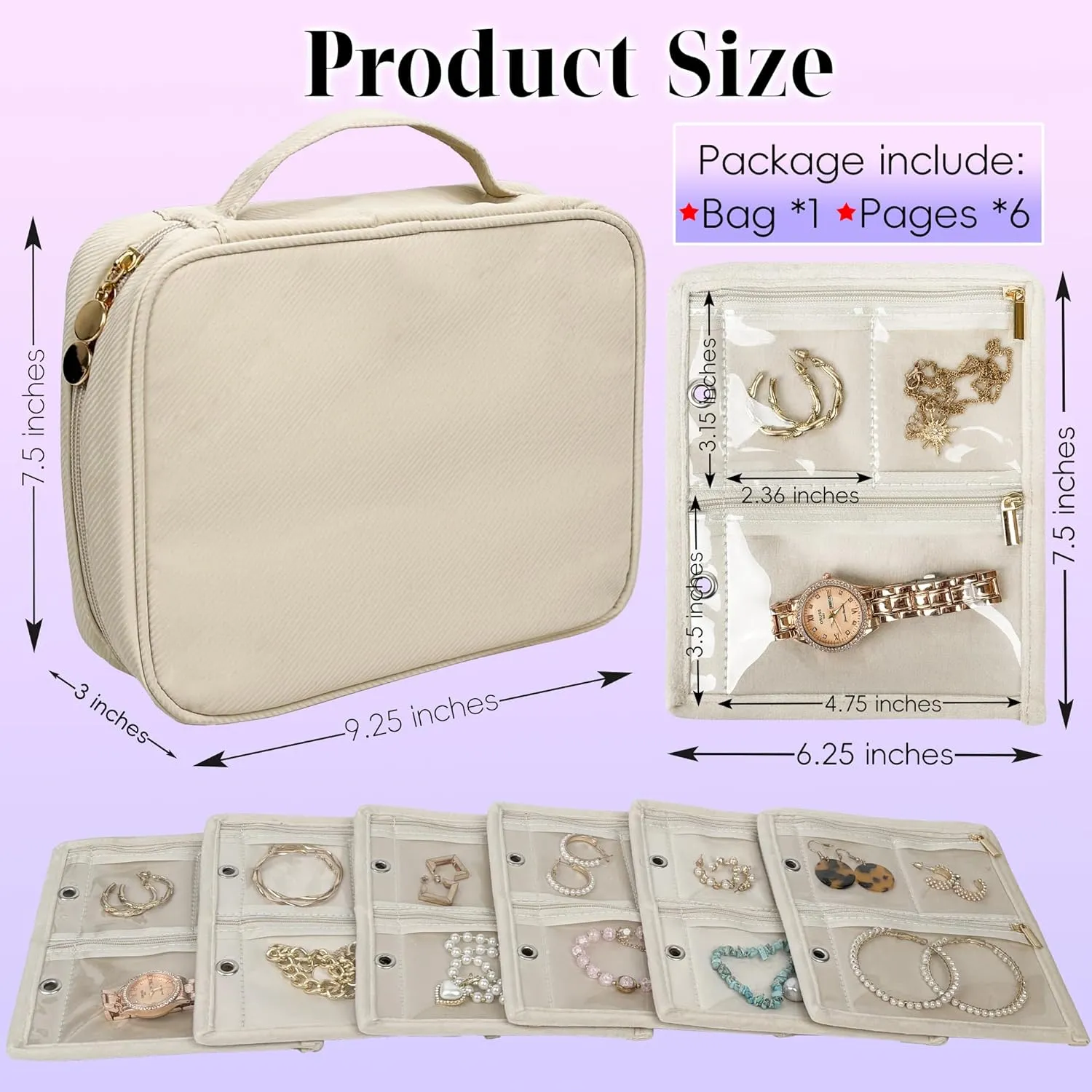 Travel Jewelry Organizer Case,Jewelry Bags Jewelry Storage Book Binder with Clear Zipper Velvet Pouch for Traveling,Earrings, Rings, Necklace, Bracelet (White)