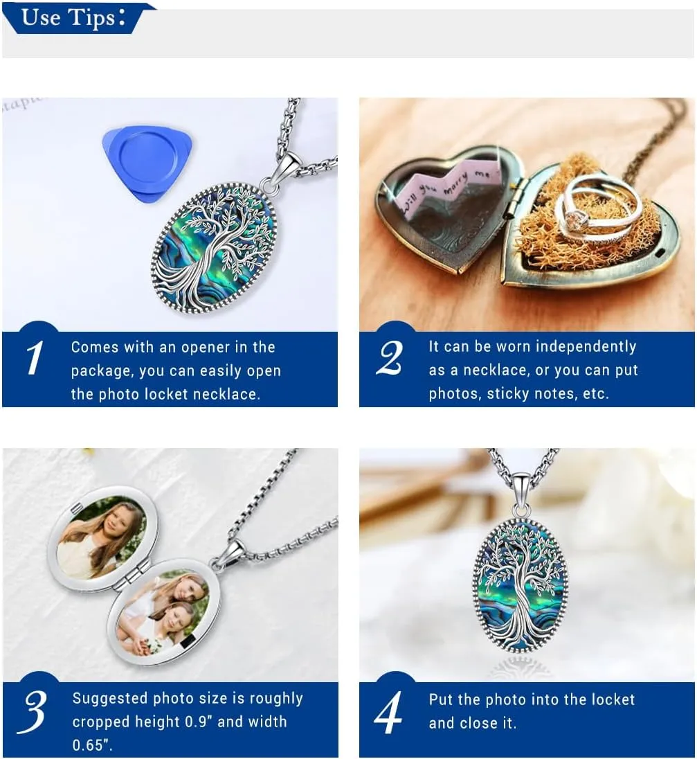 Tree of Life Necklace 925 Sterling Silver Pendant Urn Necklaces for Ashes Picture Locket Necklace Mom Necklace Viking Necklace Crystals Celtic Knot Obsidian Abalone Shell Turquoise Jewelry Women Men