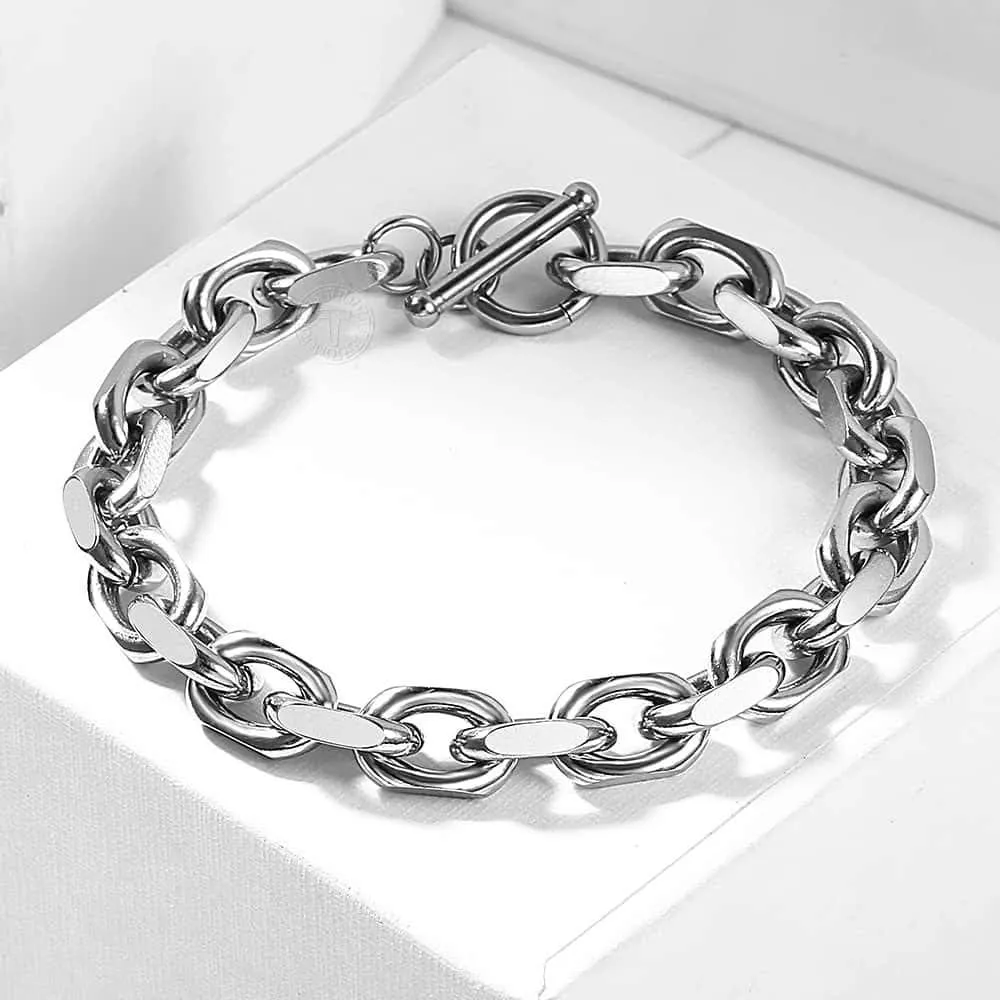 Trendsmax Classic Stainless Steel Toggle Clasp Charm Oval Rolo Cable Curb Cuban Wheat Bracelet Link Chain 7-11 Inch