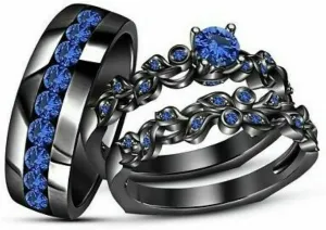 Triostar Wedding Ring Set Valentine's Promise Ring Set His Hers Couples Matching Rings Women's 14K Black Gold Plated Women's Size 6 & Men's Size 8